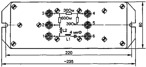 Рис.1.Электрическая схема и нумерация контактов на плате защитного блок-фильтра ЗБФ-1