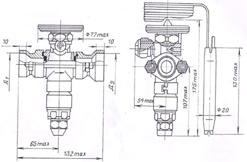 Рис.1. Схема габаритных размеров термовентиля 142ТРВ-10